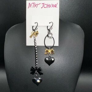 Betsey Johnson Black and Gold Bow Heart Earrings